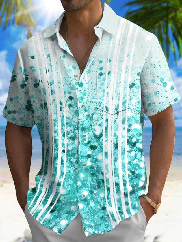 Men's Hawaiian abstract print short sleeve shirt front view tropical beach vacation