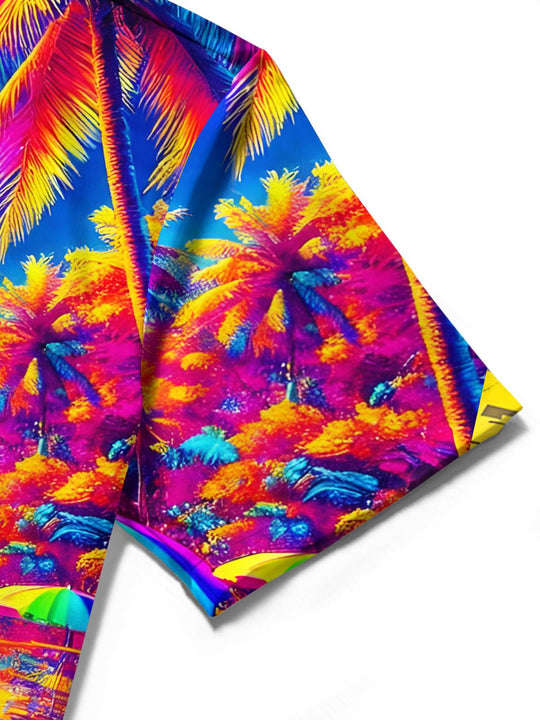 Men's tropical beach print short sleeve shirt stitching detail close-up