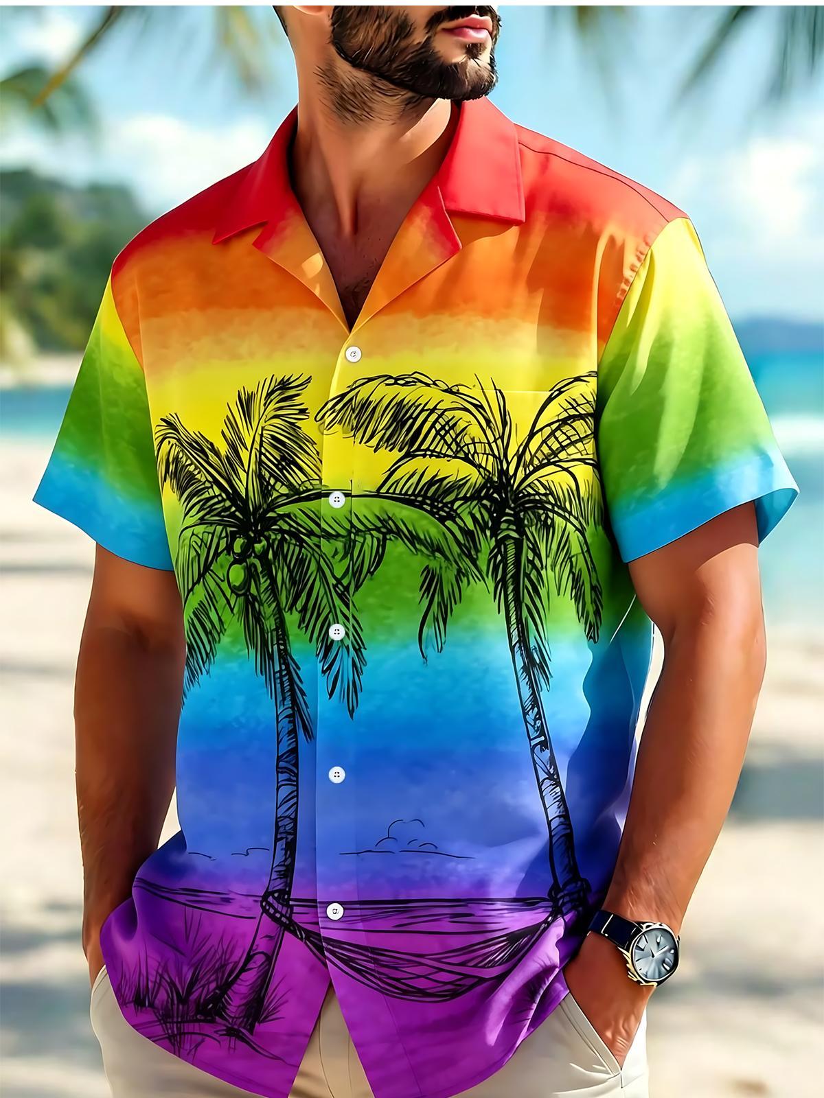 Colorful Palm Tree Hawaiian Print Men's Pocket Cuban Collar Short Sleeve Shirt