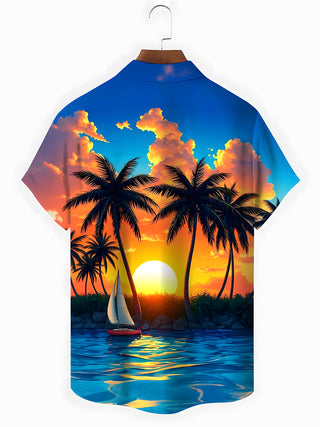 Men's Hawaiian back view short sleeve shirt with coconut tree and sunset boat pattern