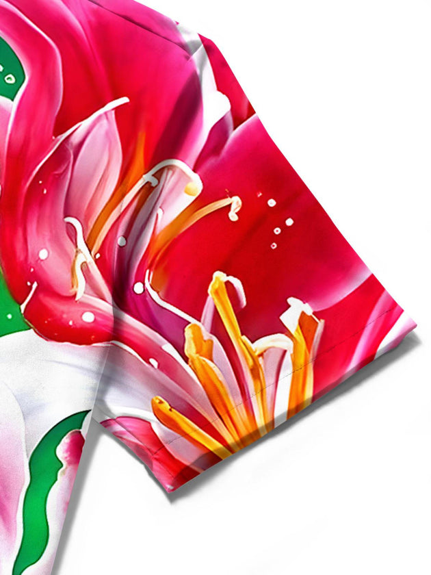 Men's Hawaiian floral short sleeve shirt close-up detail of stitching