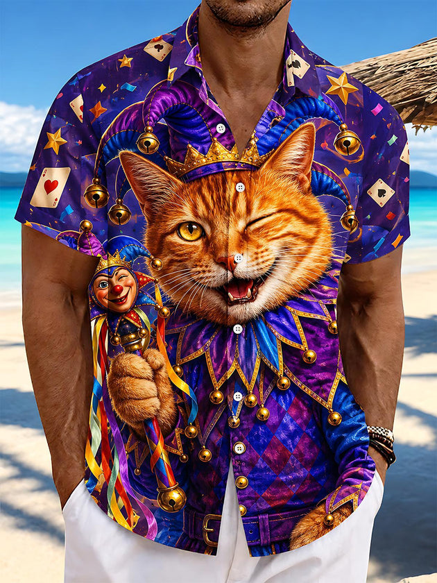 Funny Jester Joker Cat Poker Diamond Plaid Vintage Print Men's Pocket Short Sleeve Shirts