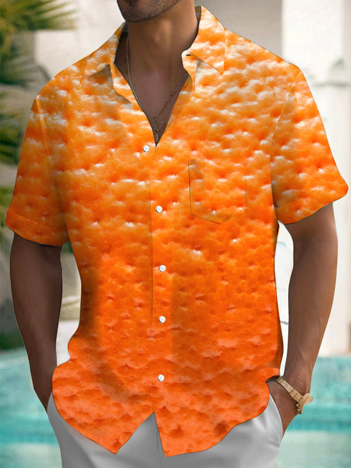 Orange Peel Print Men's Pocket Short Sleeve Shirts