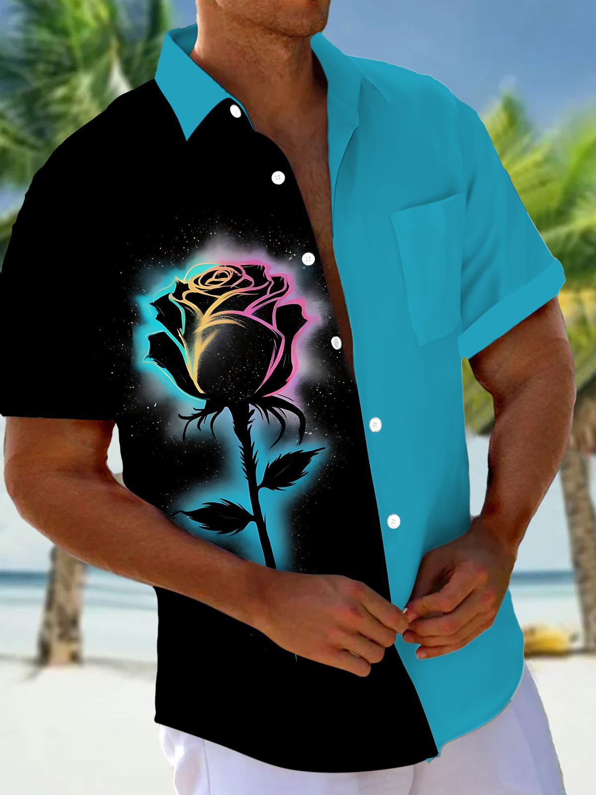 Floral Print Men's Pocket Short Sleeve Shirts