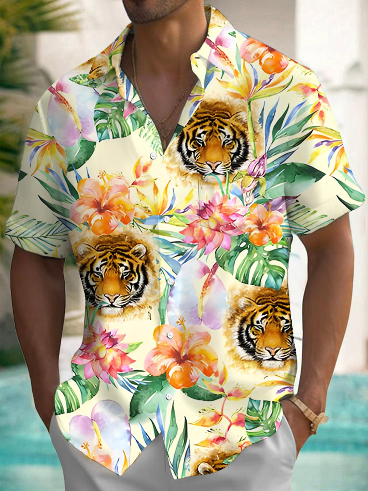 Hawaiian Tiger Plant Men's Pocket Short Sleeve Shirts