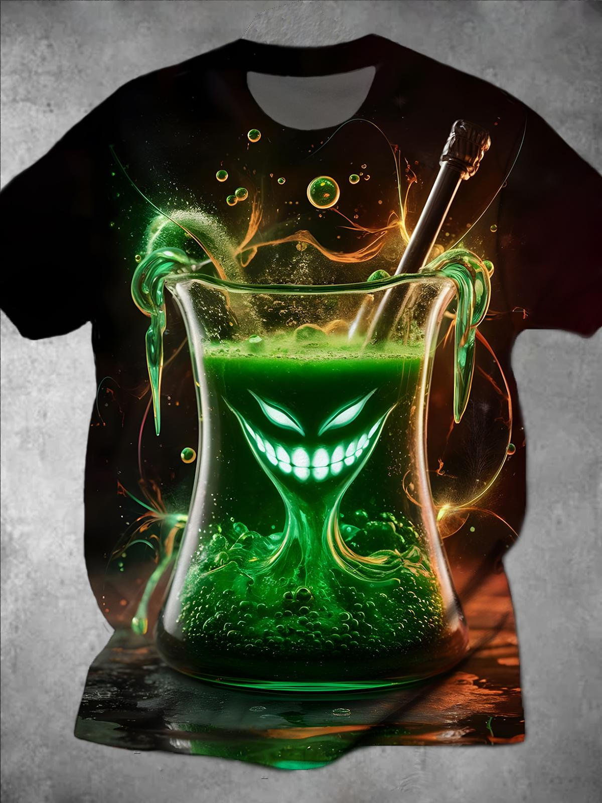 Ghost Cup Print Round Neck Short Sleeve Men's T-shirt