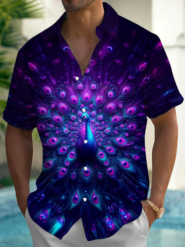 men's peacock print shirt front view