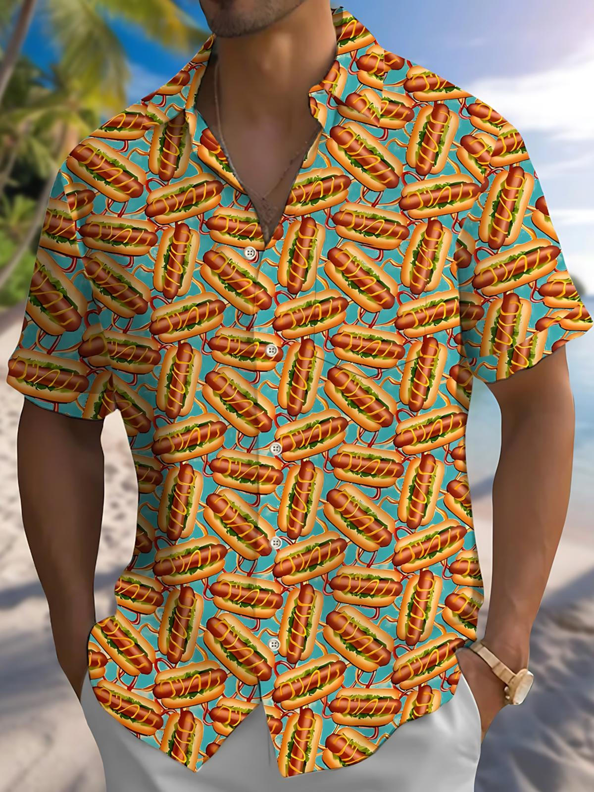 Hot Dog Print Men's Pocket Short Sleeve Shirts