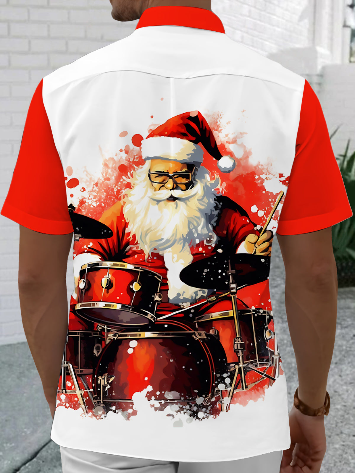 Santa Claus Drum Kit Print Men's Pocket Short Sleeve Shirts
