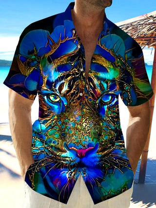 Men's Animal Tiger Pocket Short Sleeve Shirt Front View