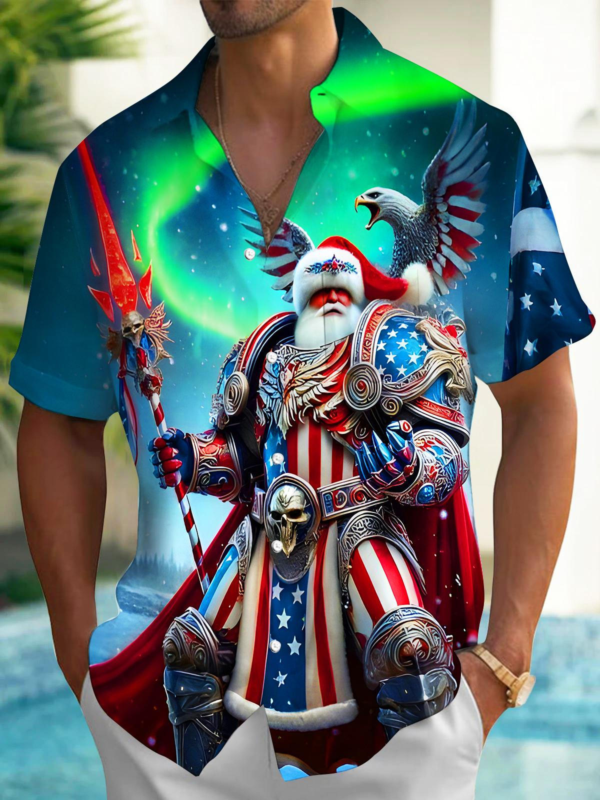 Fun Santa Claus General Eagle Aurora Xmas Men's Pocket Short Sleeve Shirts