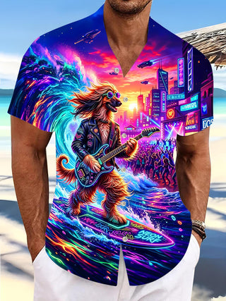 Cyberpunk Rock Surfing Dog Men's Pocket Short Sleeve Shirts