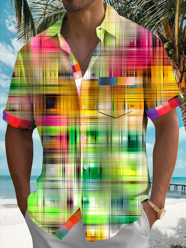 Men's Hawaiian tie dye pocket short sleeve shirt front view for tropical beach vacation