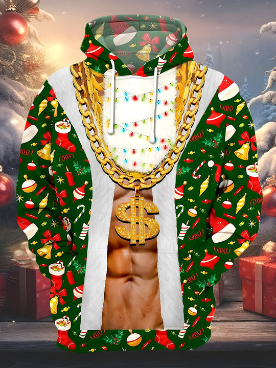 Men's funny Christmas long sleeve pullover hoodie front view for holiday party