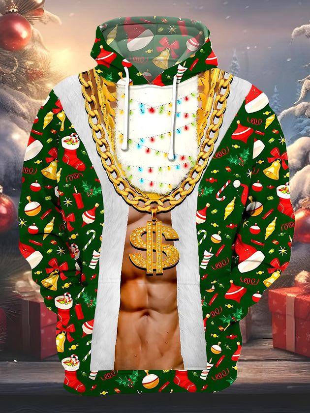 Men's funny Christmas long sleeve pullover hoodie front view for holiday party
