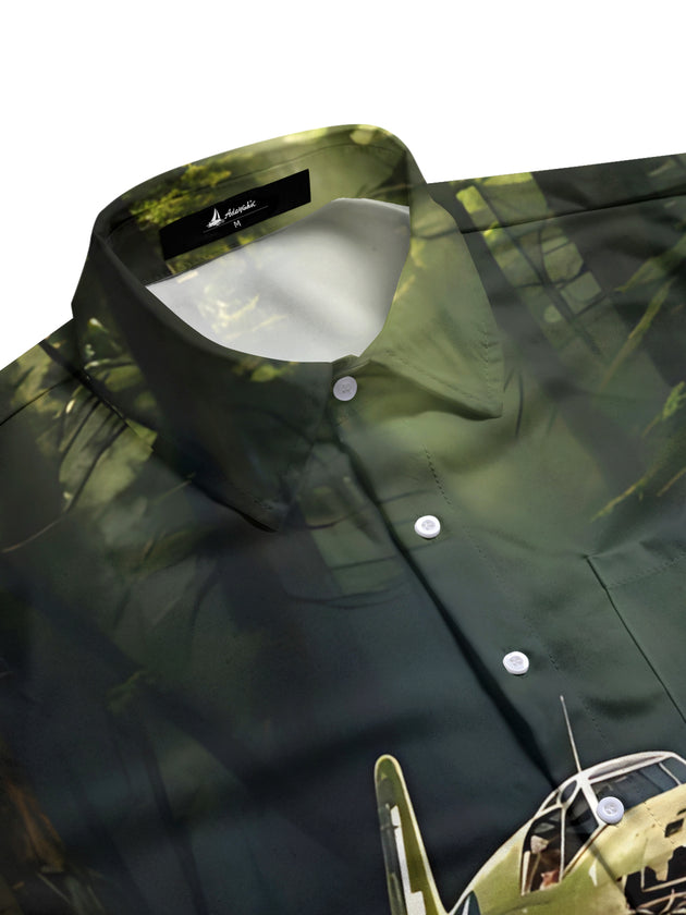 Men's long sleeve shirt with aircraft wreckage print, side view