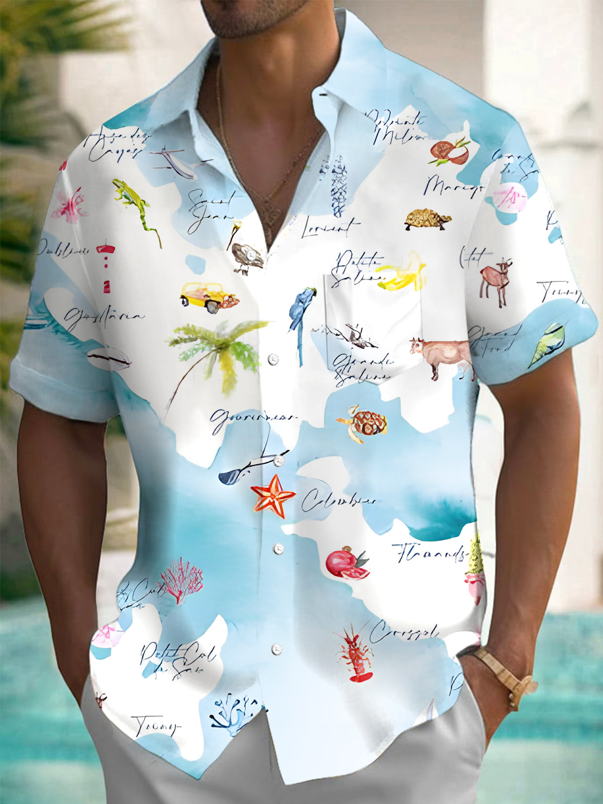 Hawaiian Animal Coconut Tree Print Men's Pocket Short Sleeve Shirts