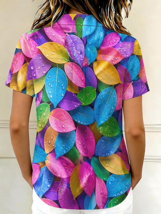 Colorful Water Drop Leaves Women's Short Sleeve Shirts