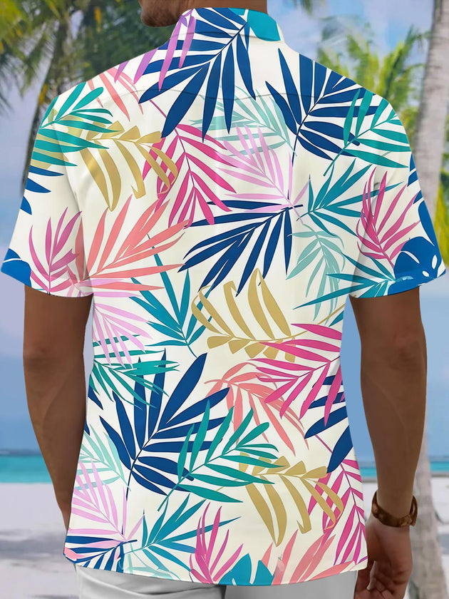 Men's Hawaiian leaf pocket short sleeve shirt back view
