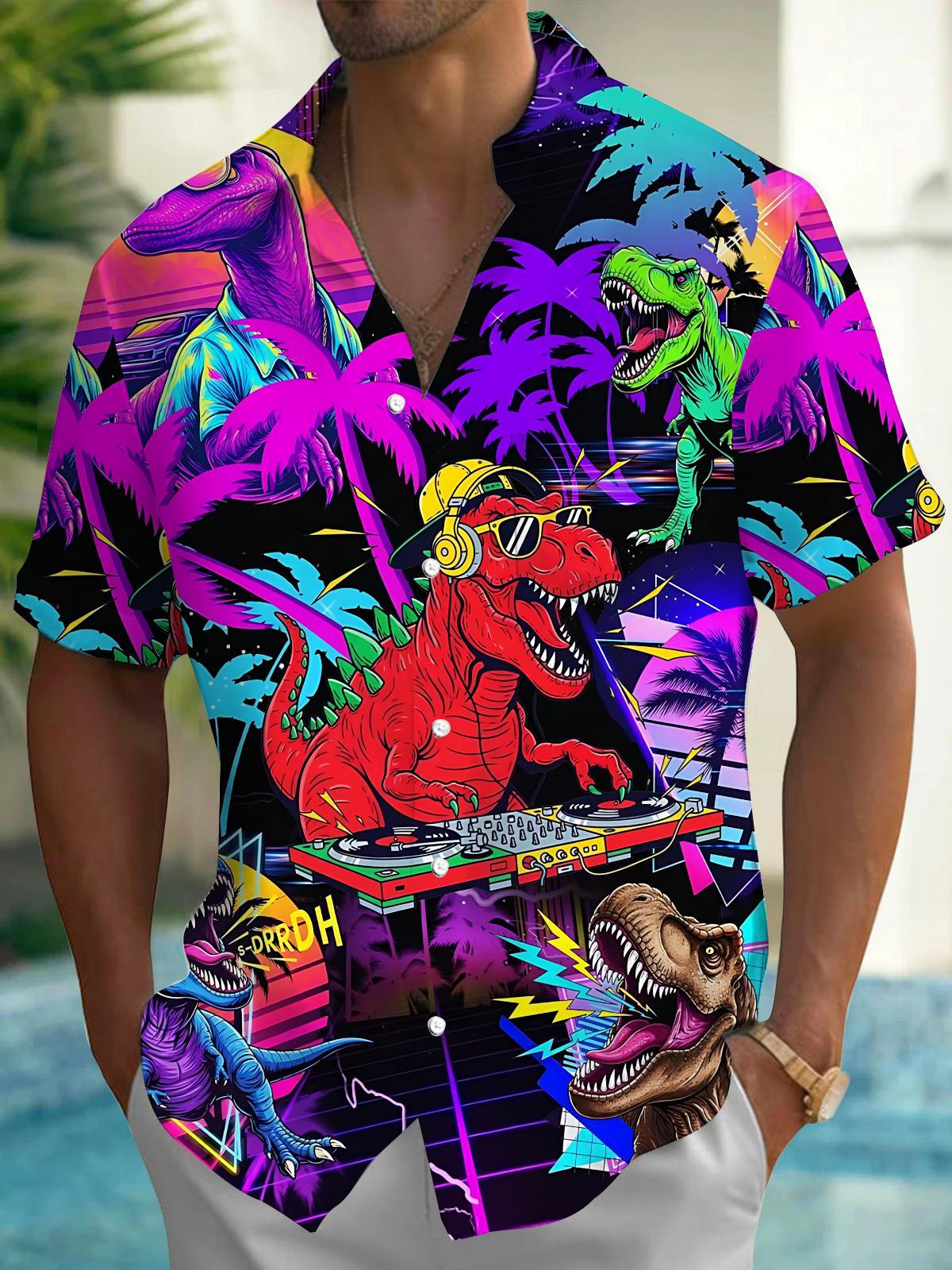 Hawaiian Dinosaur Coconut Tree Print Men's Pocket Short Sleeve Shirts