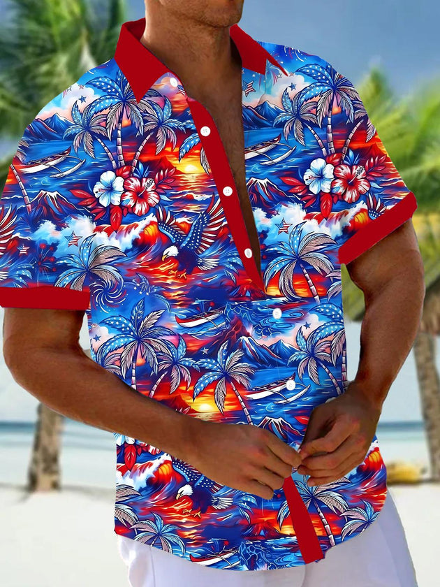 Independence Coconut Tree Eagle Men's Pocket Short Sleeve Shirts