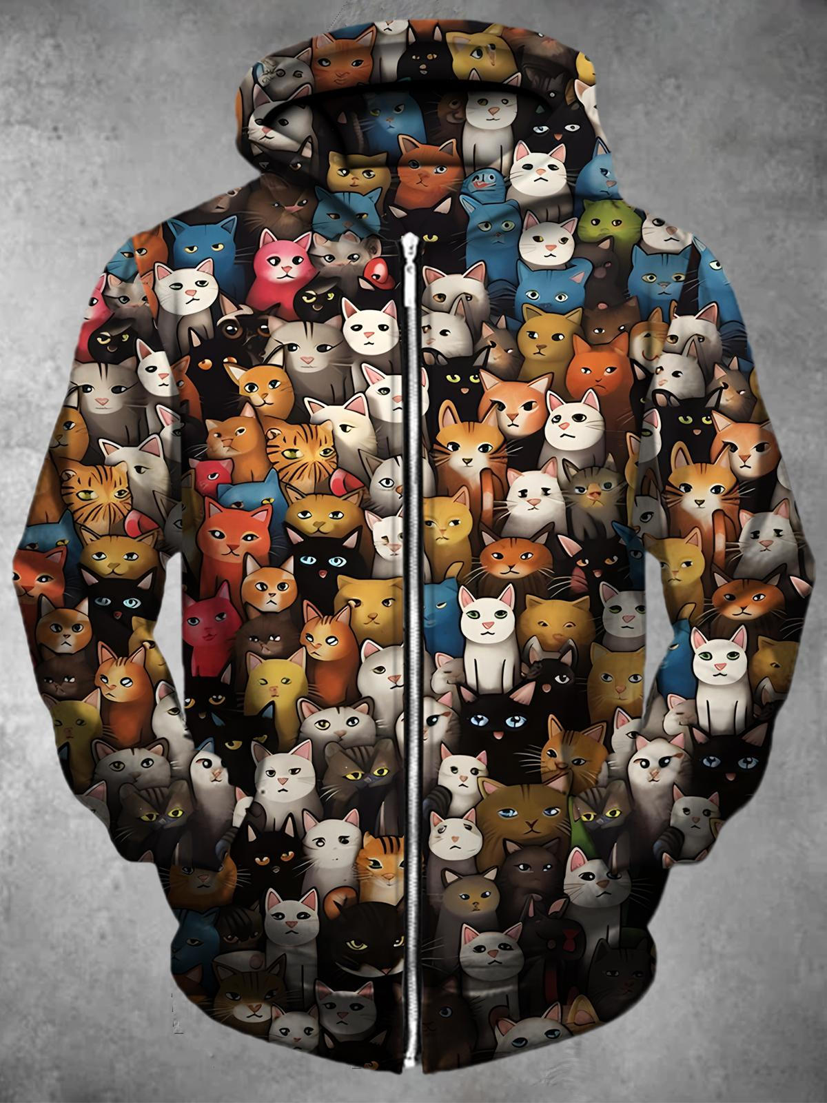 Animal Cat Long Sleeve Pocket Men's Zip Up Hoodies