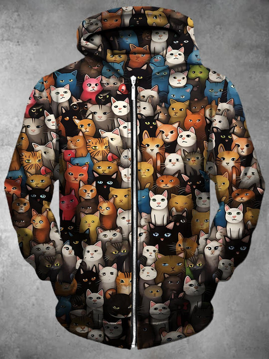 Men's animal cat long sleeve zip up hoodie front view