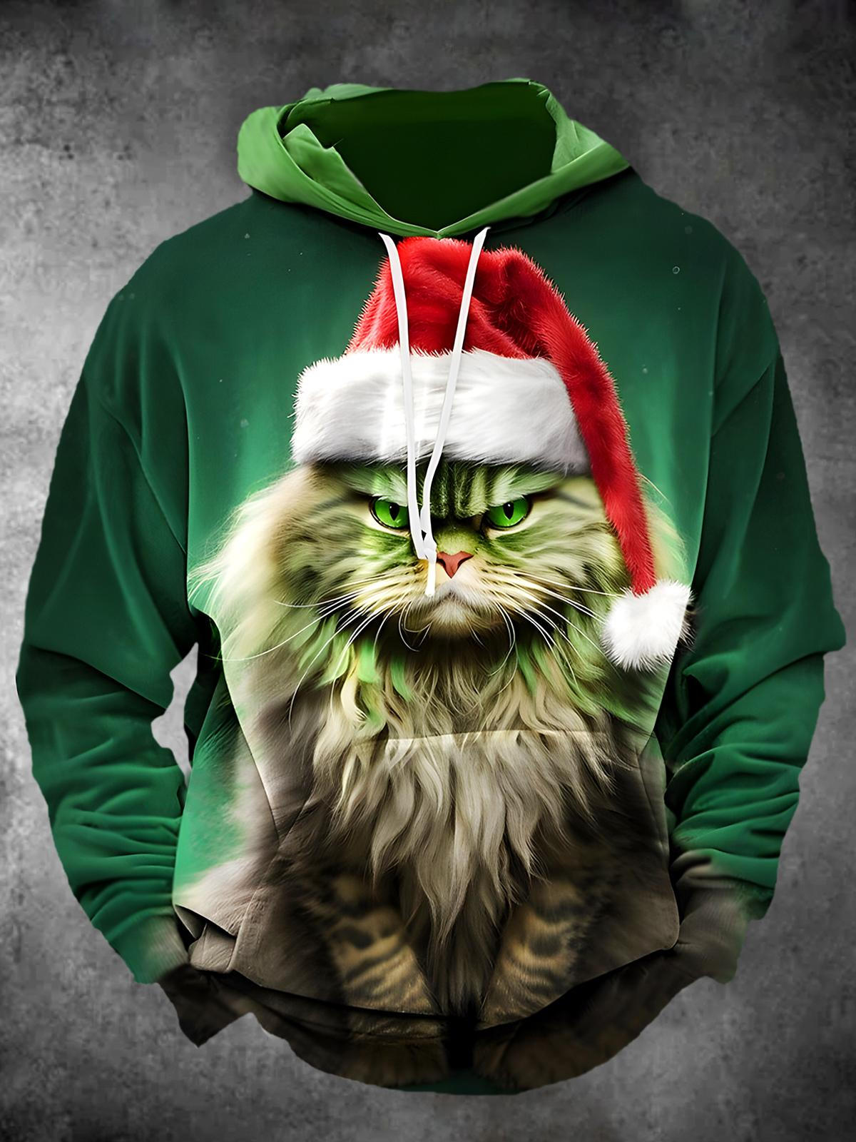 Christmas Cat Hat Long Sleeve Hooded Pocket Men's Top