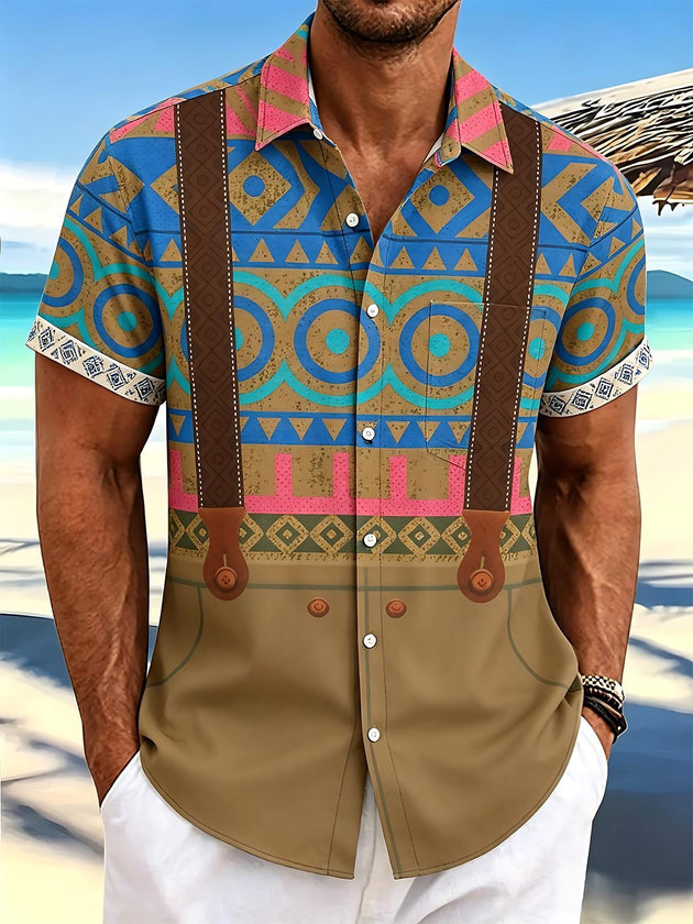 Bohemian Suspender Ethnic Geometric Western Style Men's Pocket Short Sleeve Shirts