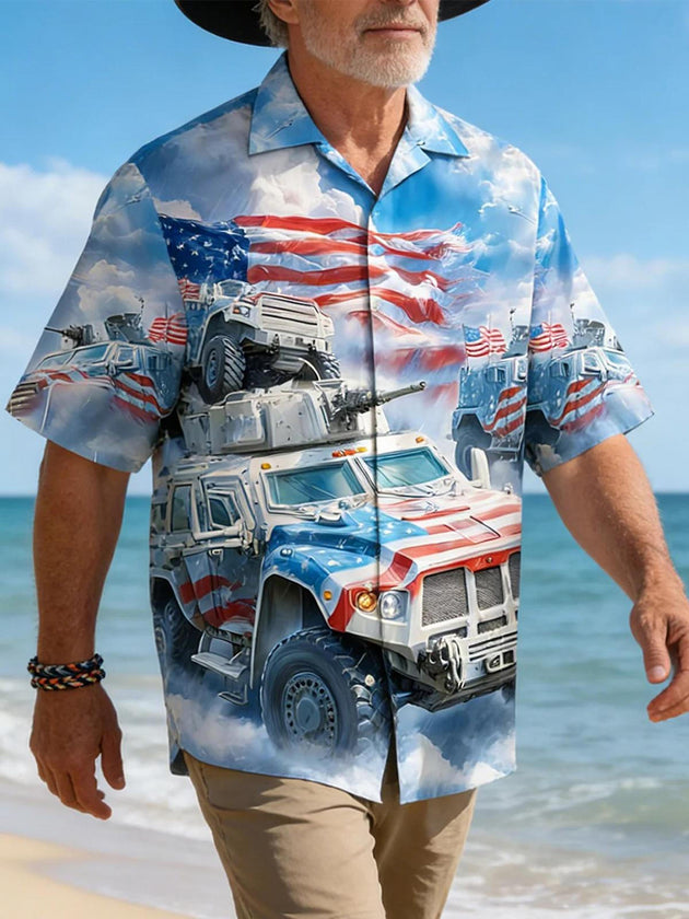 Men's American flag print short sleeve pocket shirt front view