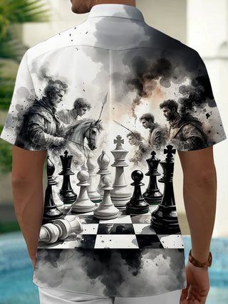 Men's chess art print pocket short sleeve shirt back view