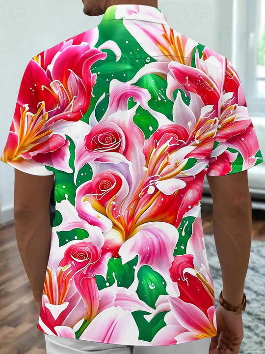 Men's blue floral short sleeve Hawaiian shirt back view