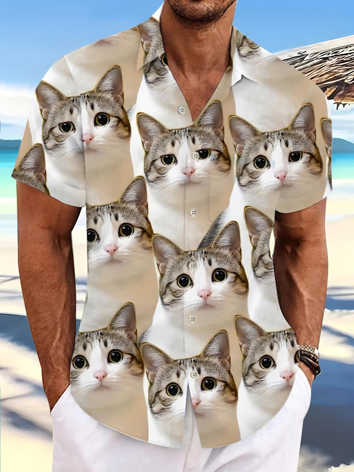Cat Print Men's Pocket Short Sleeve Shirts