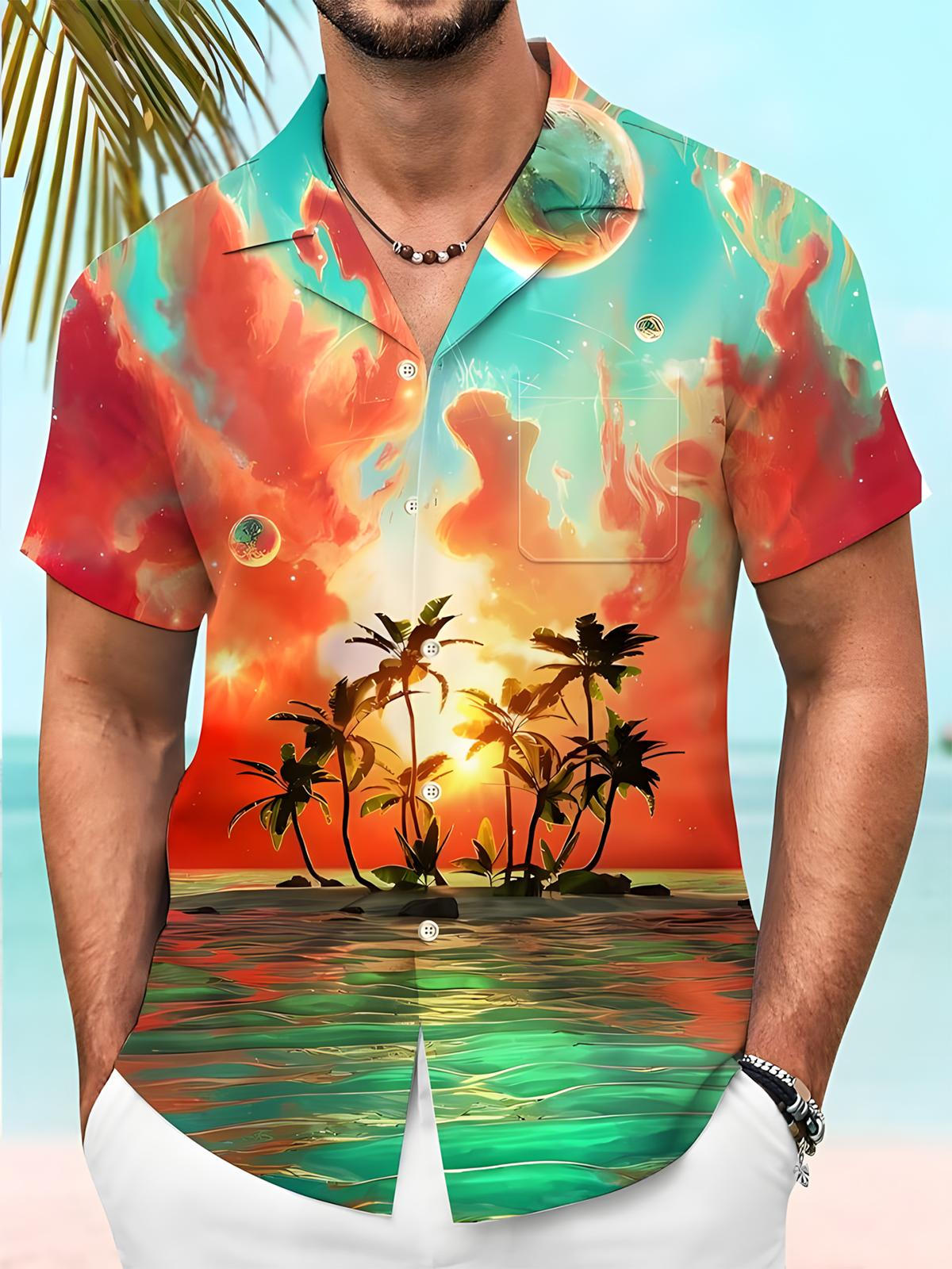 Hawaiian Sunset Beach Coconut Tree Print Men's Pocket Cuban Collar Short Sleeve Shirt