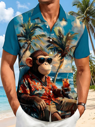 Adaychic Men's Hawaiian Tropical Monkey Beach Graphic Print Short Sleeve Button Down Shirt with Chest Pocket