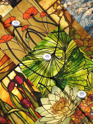 Men's blue floral short sleeve shirt close-up detail