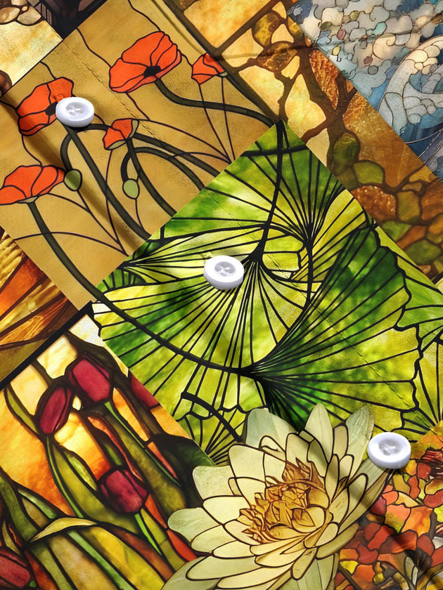 Men's blue floral short sleeve shirt close-up detail