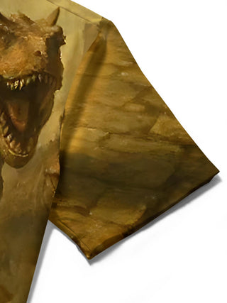 men's dinosaur print shirt close-up short sleeve