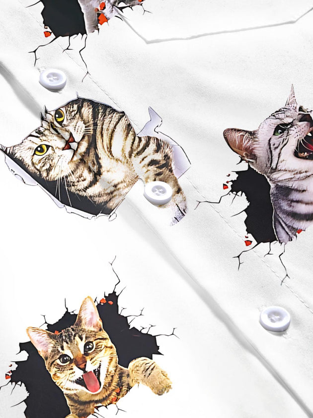men's cat print short sleeve flat lay shirt