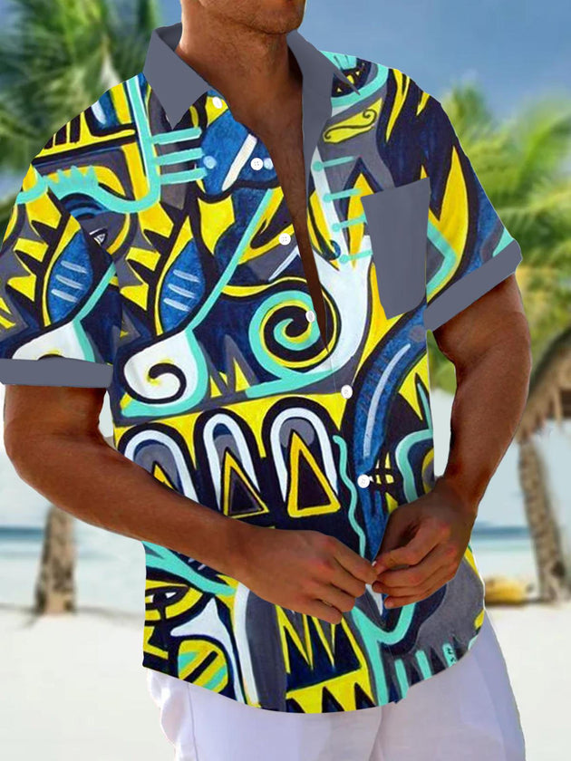 Men's abstract print pocket short sleeve shirt front view