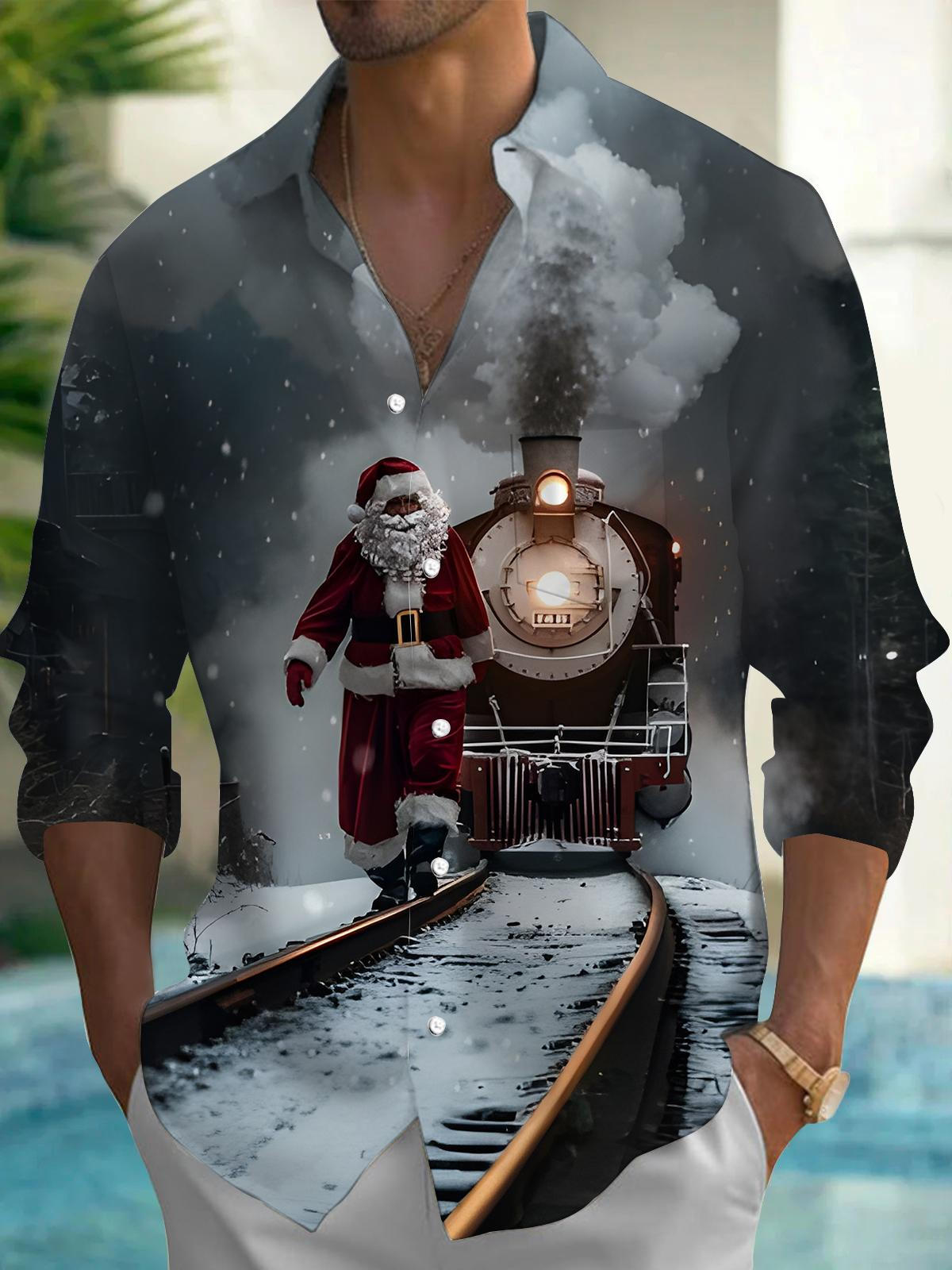 Dark Santa Claus Train Christmas Xmas Men's Pocket Long Sleeve Shirts