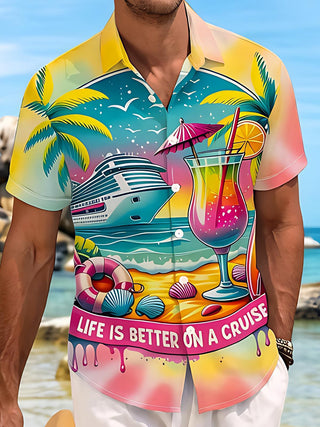 Adaychic Men's Hawaiian Tropical Cruise Ship Beach Scene Print Short Sleeve Button Down Shirt with Chest Pocket