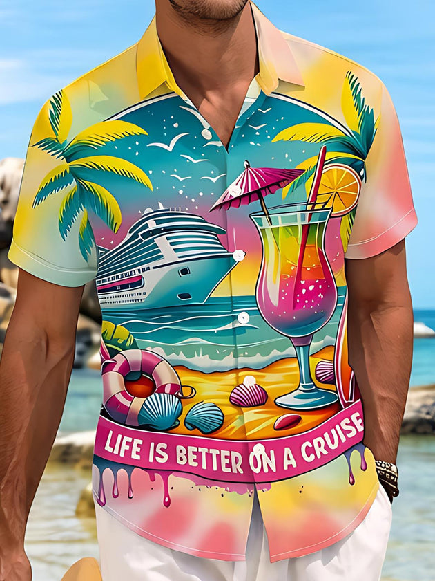 Hawaii Colorful Cruise Vacation Cocktail Coconut Tree Men's Pocket Short Sleeve Shirts