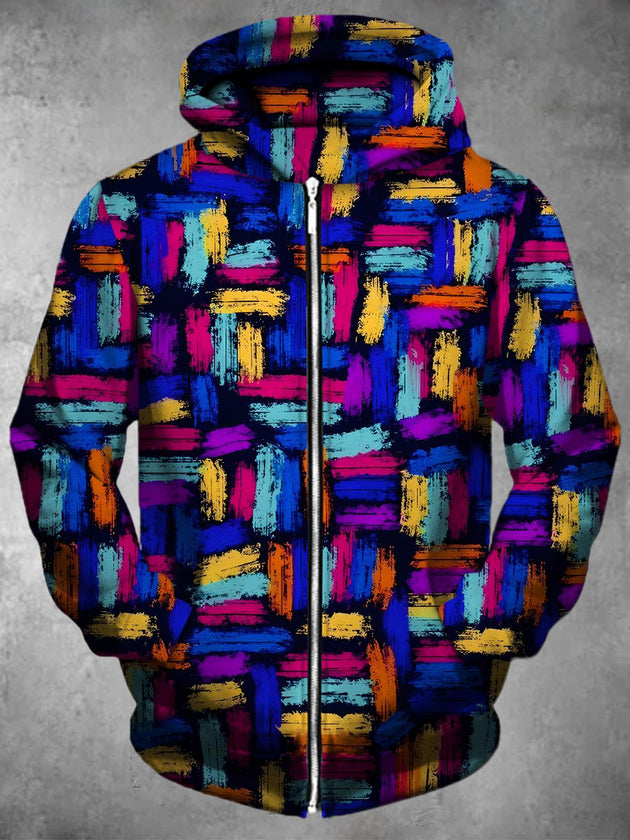 Men's geometric pattern long sleeve zip up hoodie front view