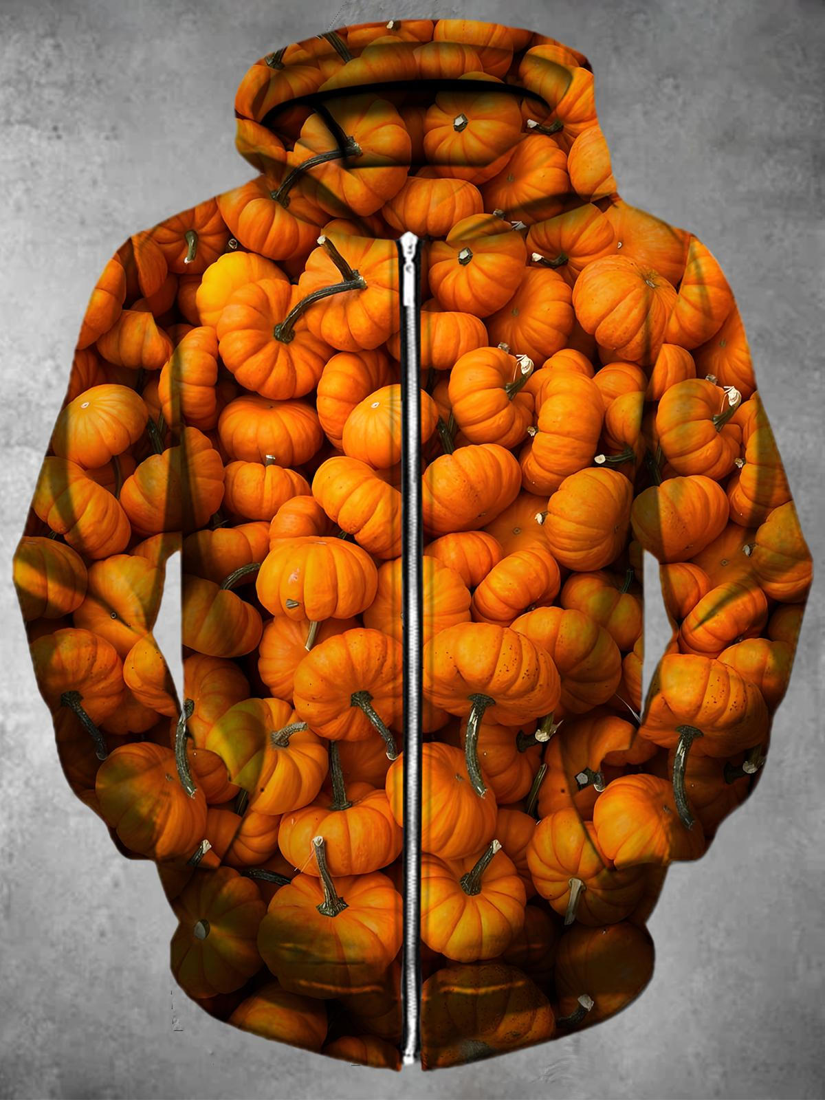 Pumpkin Long Sleeve Pocket Men's Zip Up Hoodies