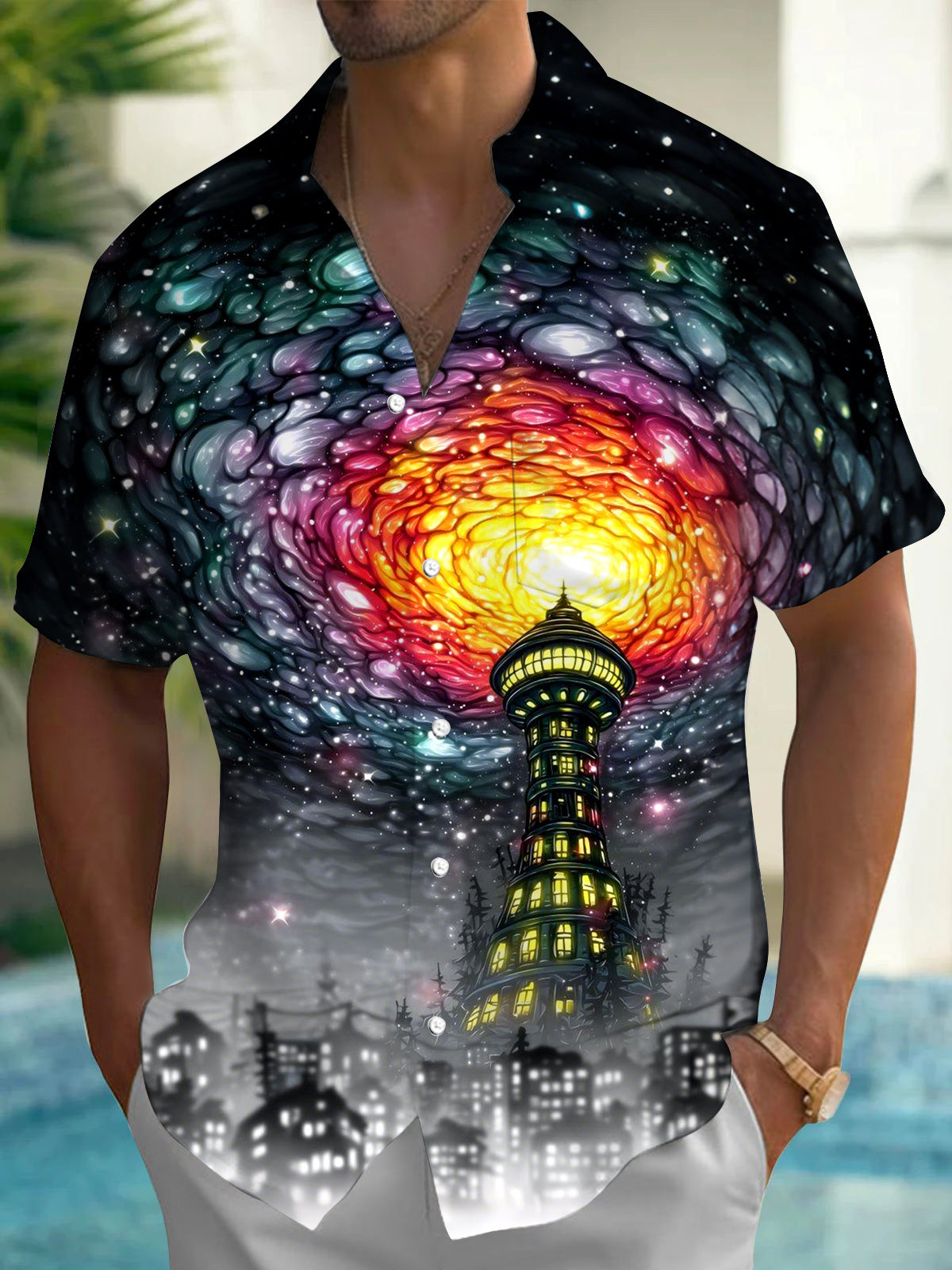 Lighthouse Art Print Men's Pocket Short Sleeve Shirts