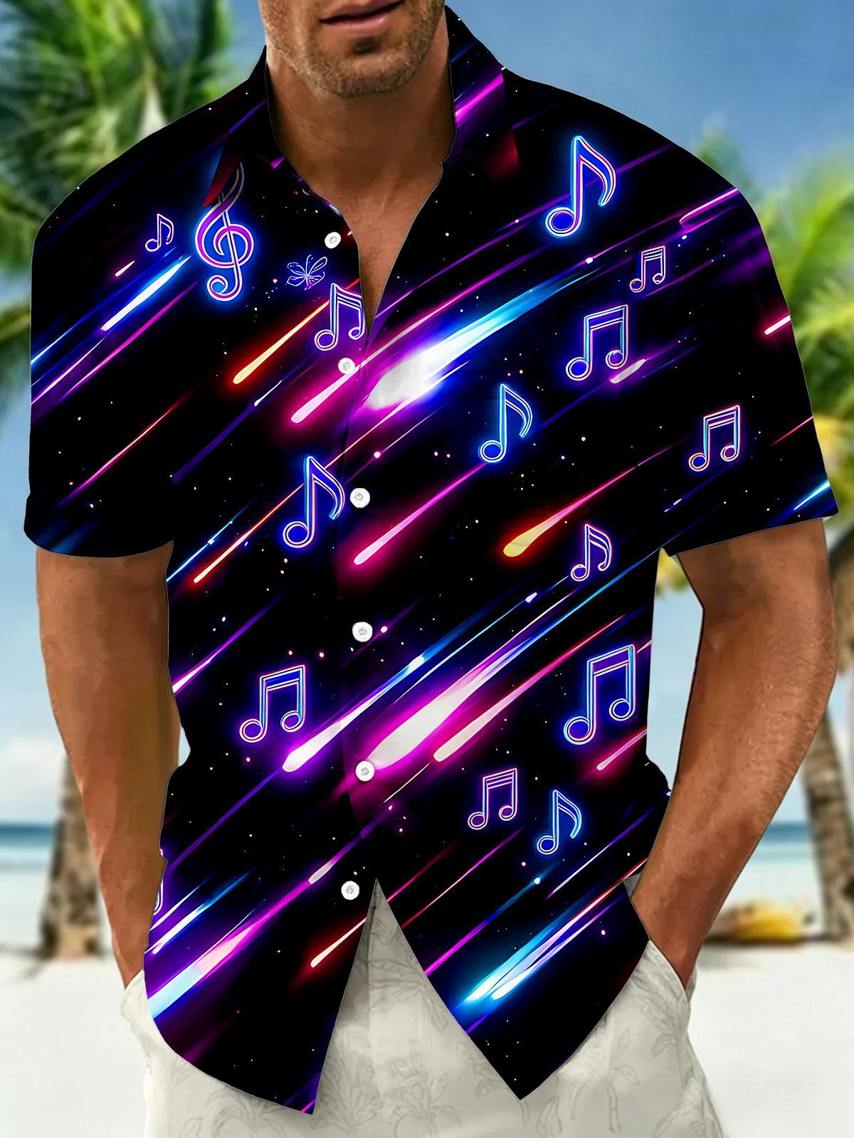 Neon Music Note Meteor Universe Men's Pocket Short Sleeve Shirts