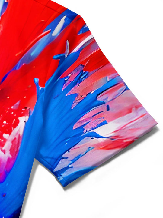 men's blue abstract print shirt close-up short sleeve