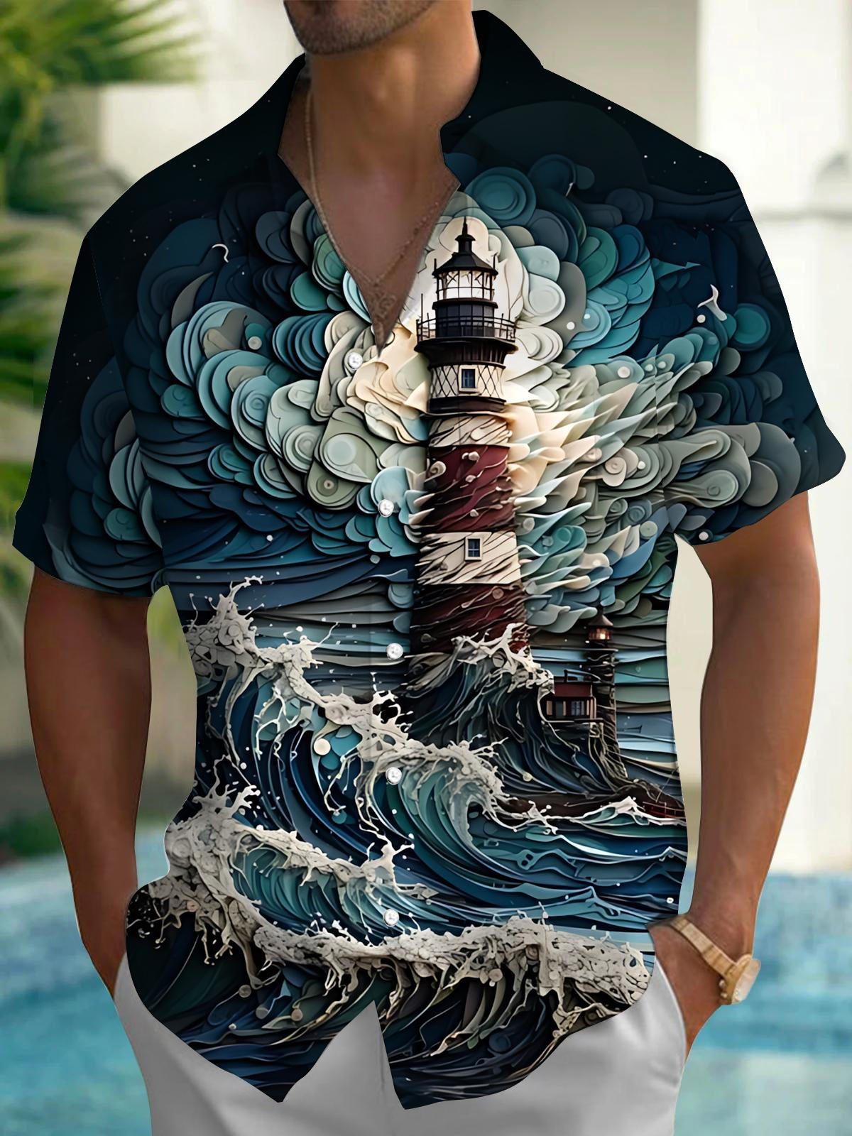 Lighthouse Print Men's Pocket Short Sleeve Shirts
