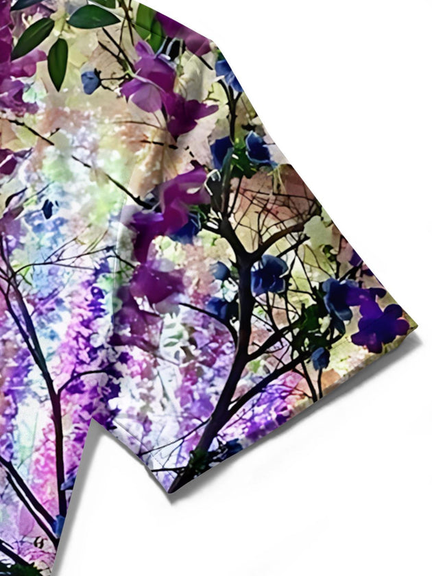 Men's floral print short sleeve shirt close-up detail view